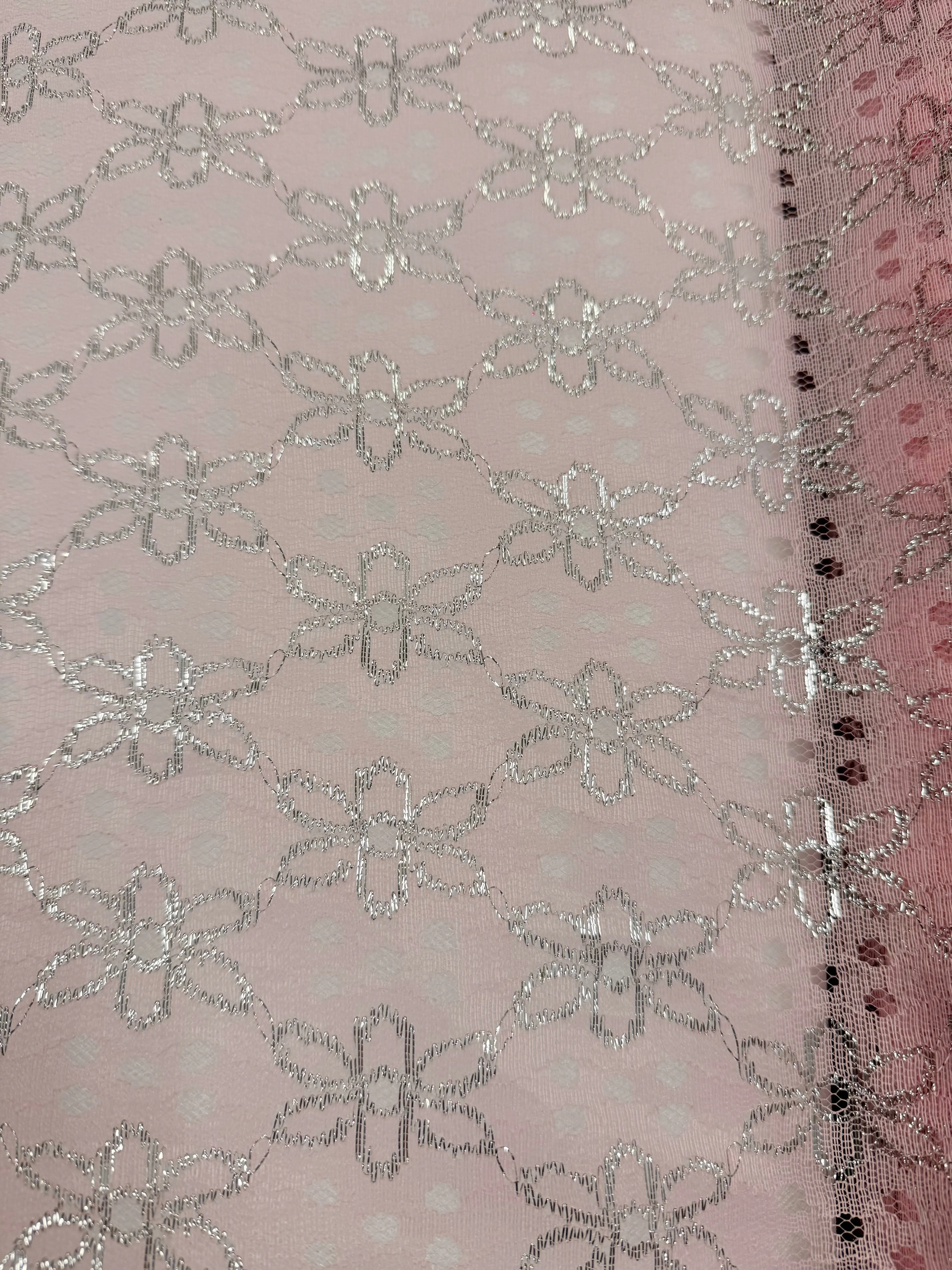 Fancy Lace - 48-inches Wide Pink with Silver Flower Design Eyelet