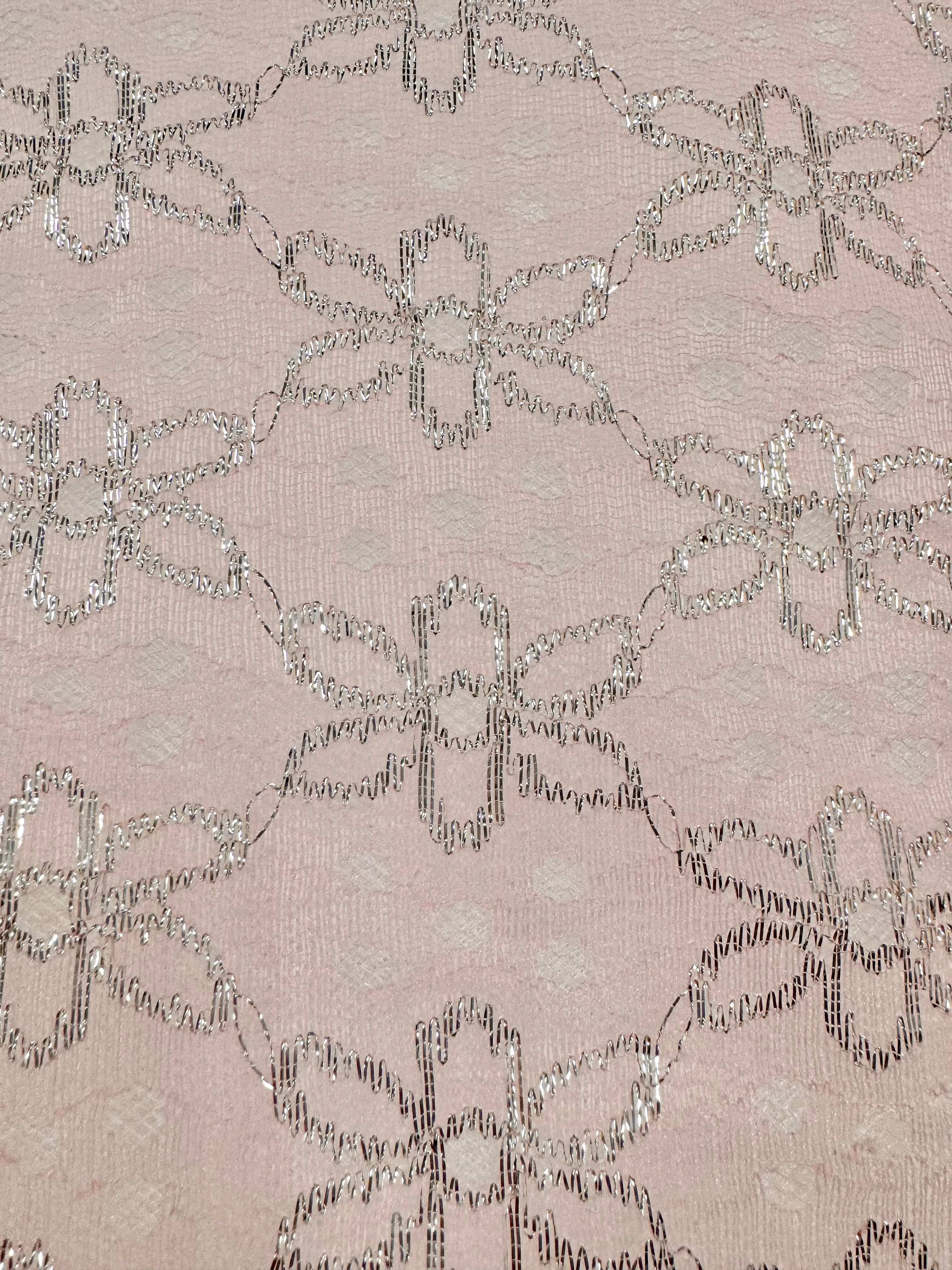 Fancy Lace - 48-inches Wide Pink with Silver Flower Design Eyelet