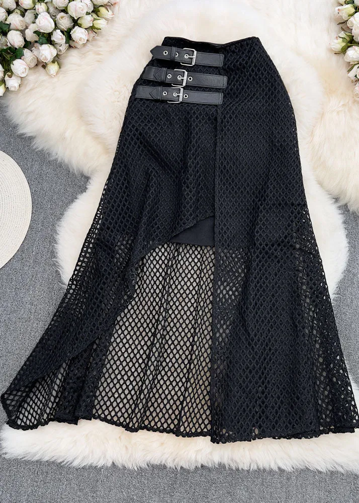 Fashion Black Asymmetrical High Waist Patchwork Tulle Skirt Summer LY7193