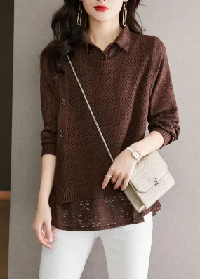 Fine Coffee Peter Pan Collar Lace Patchwork False Two Pieces Knit Tops Fall QL050