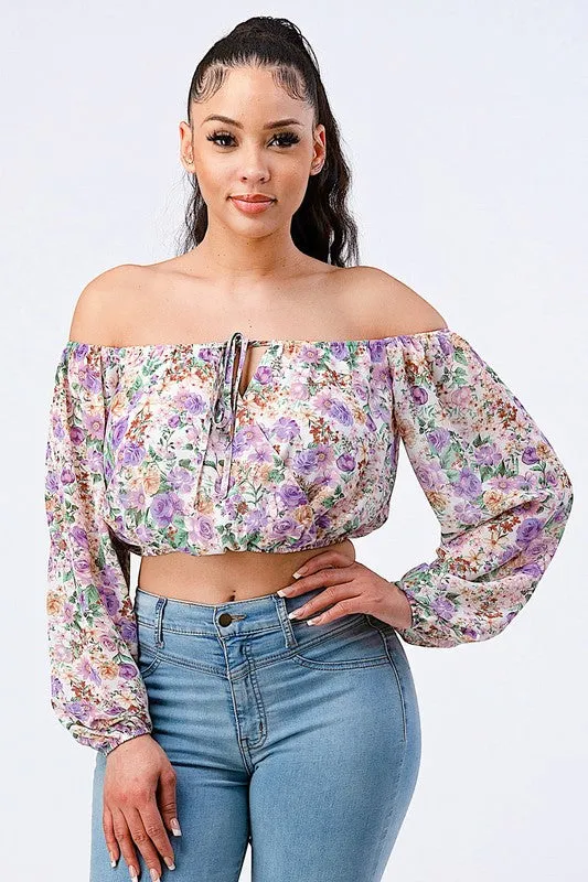 FLORAL OFF SHOULDER KEYHOLE PUFF SLEEVES TOP