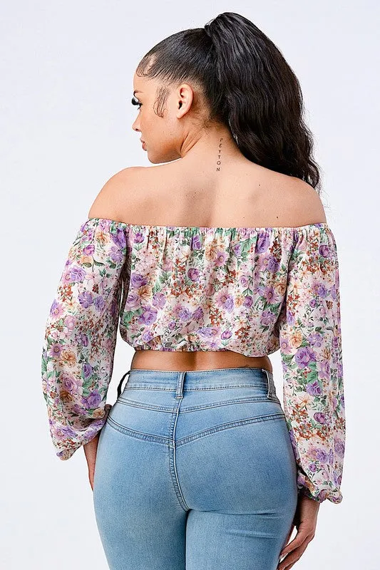 FLORAL OFF SHOULDER KEYHOLE PUFF SLEEVES TOP