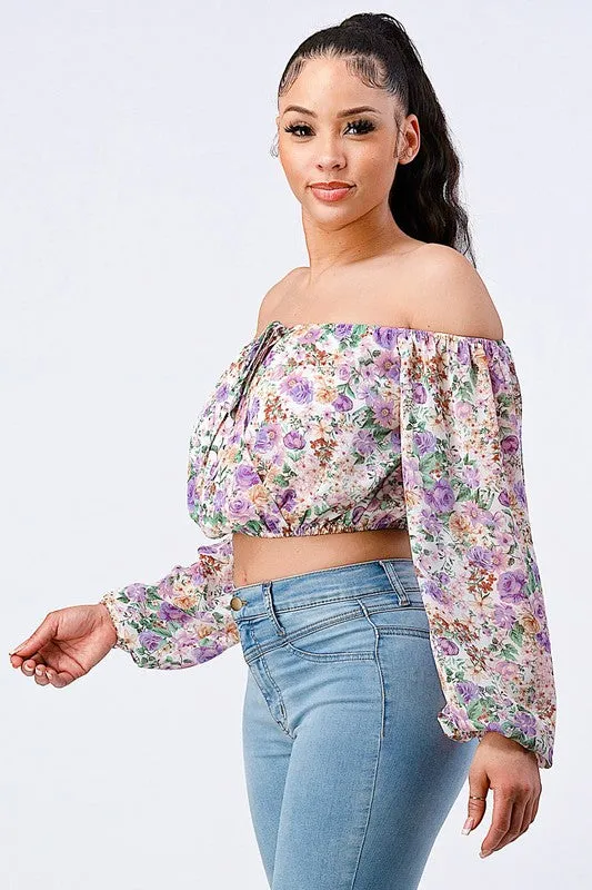 FLORAL OFF SHOULDER KEYHOLE PUFF SLEEVES TOP