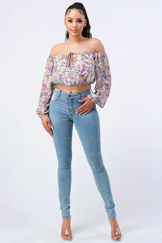 FLORAL OFF SHOULDER KEYHOLE PUFF SLEEVES TOP