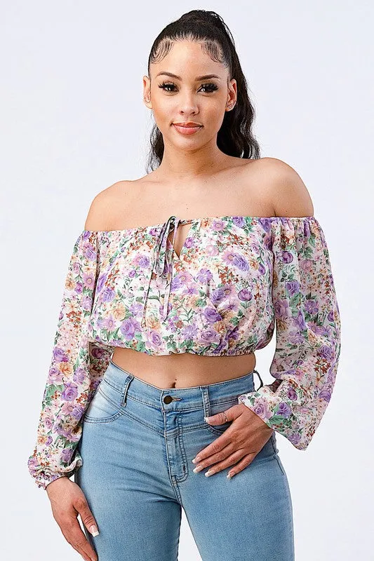 FLORAL OFF SHOULDER KEYHOLE PUFF SLEEVES TOP