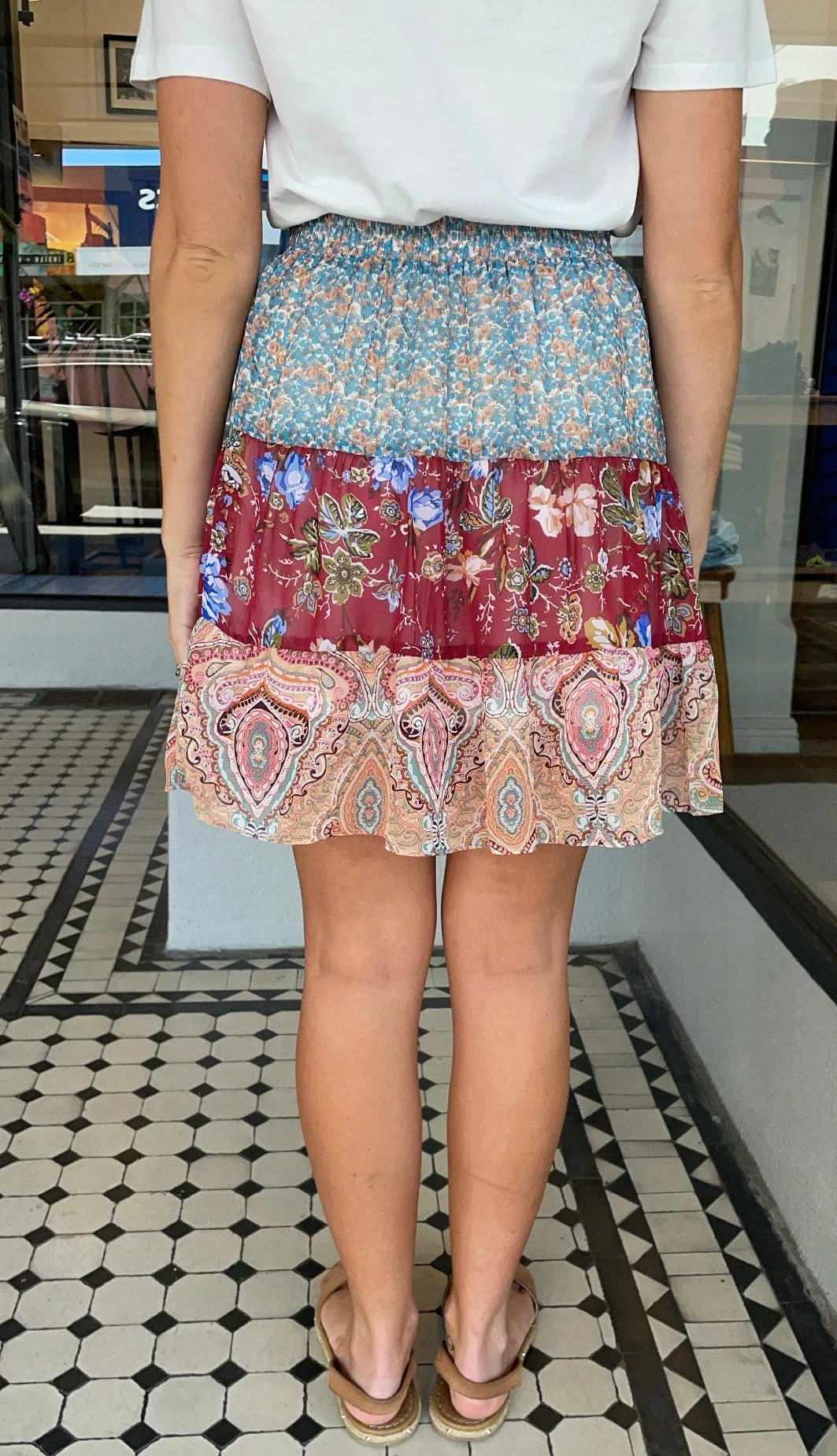 Floral Paisley Mixed Print Tiered Skirt Berry