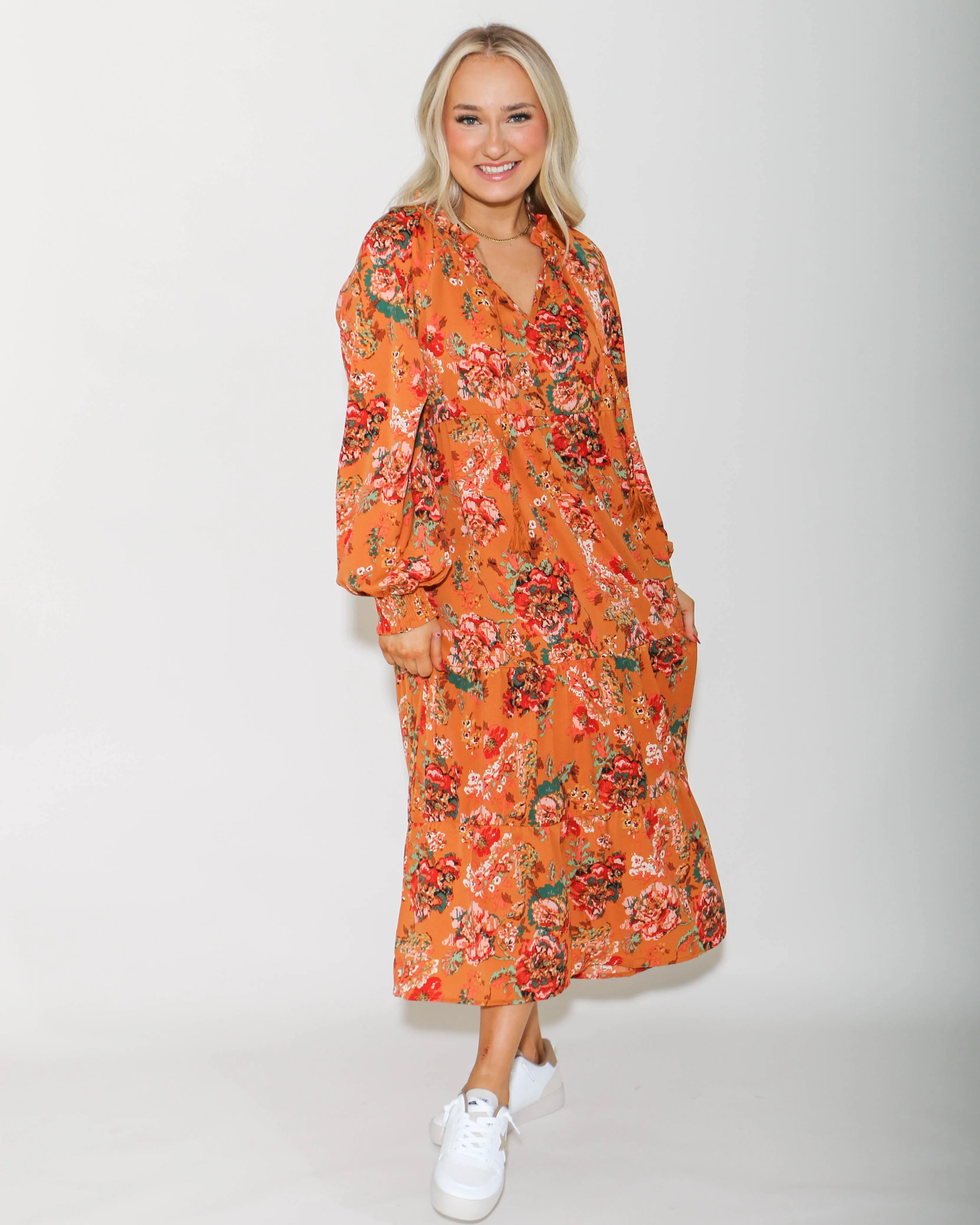 Floral Print Ruffle V-Neck Tiered Maxi Dress