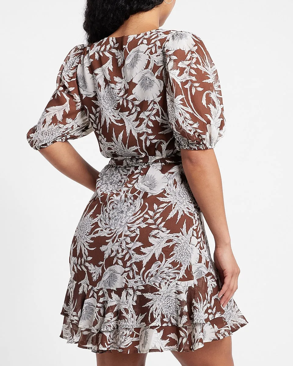 Floral Print Tiered Ruffle Tie Belt Mini Dress in Print