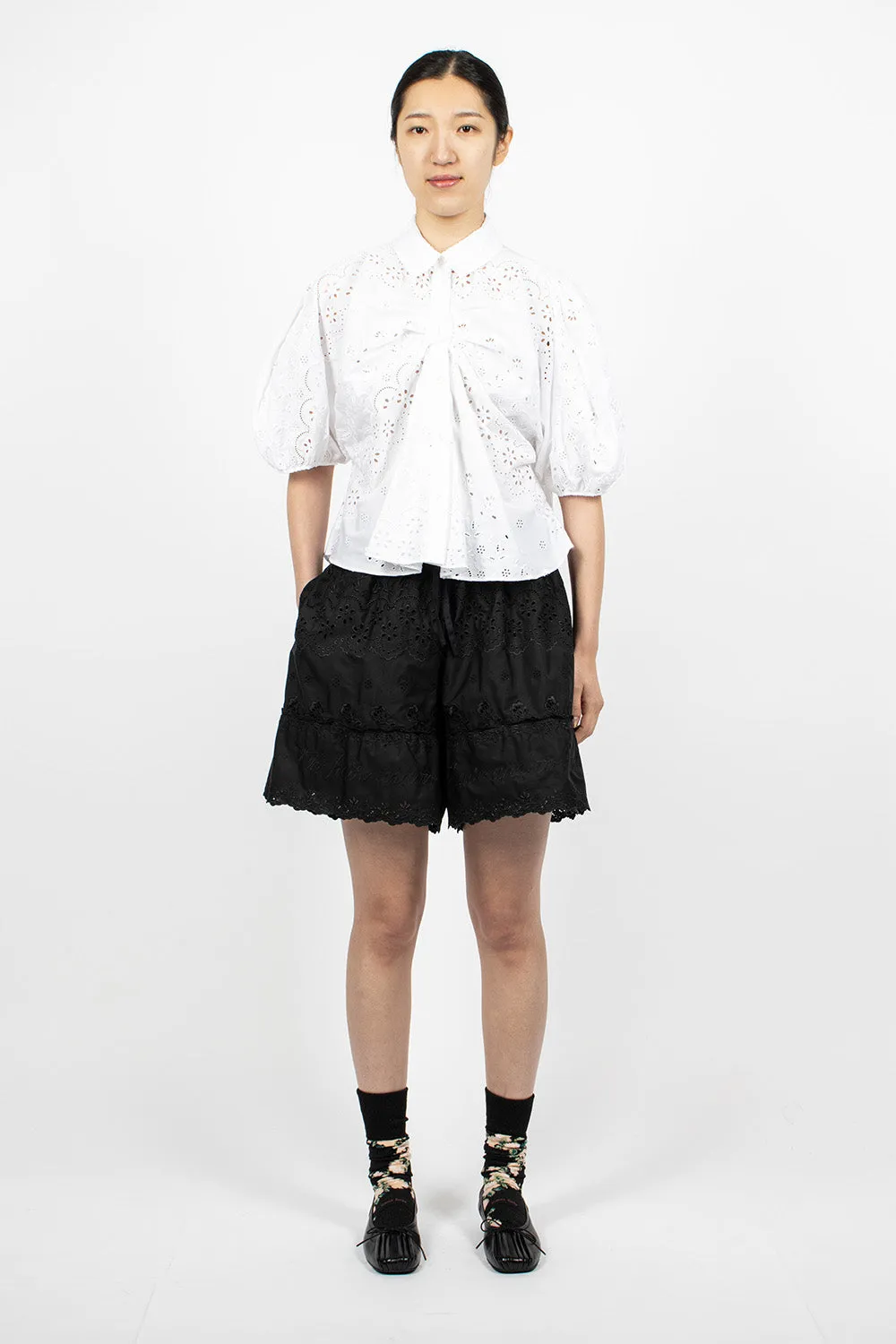 Front Bow Gathered Puff Sleeve Shirt White