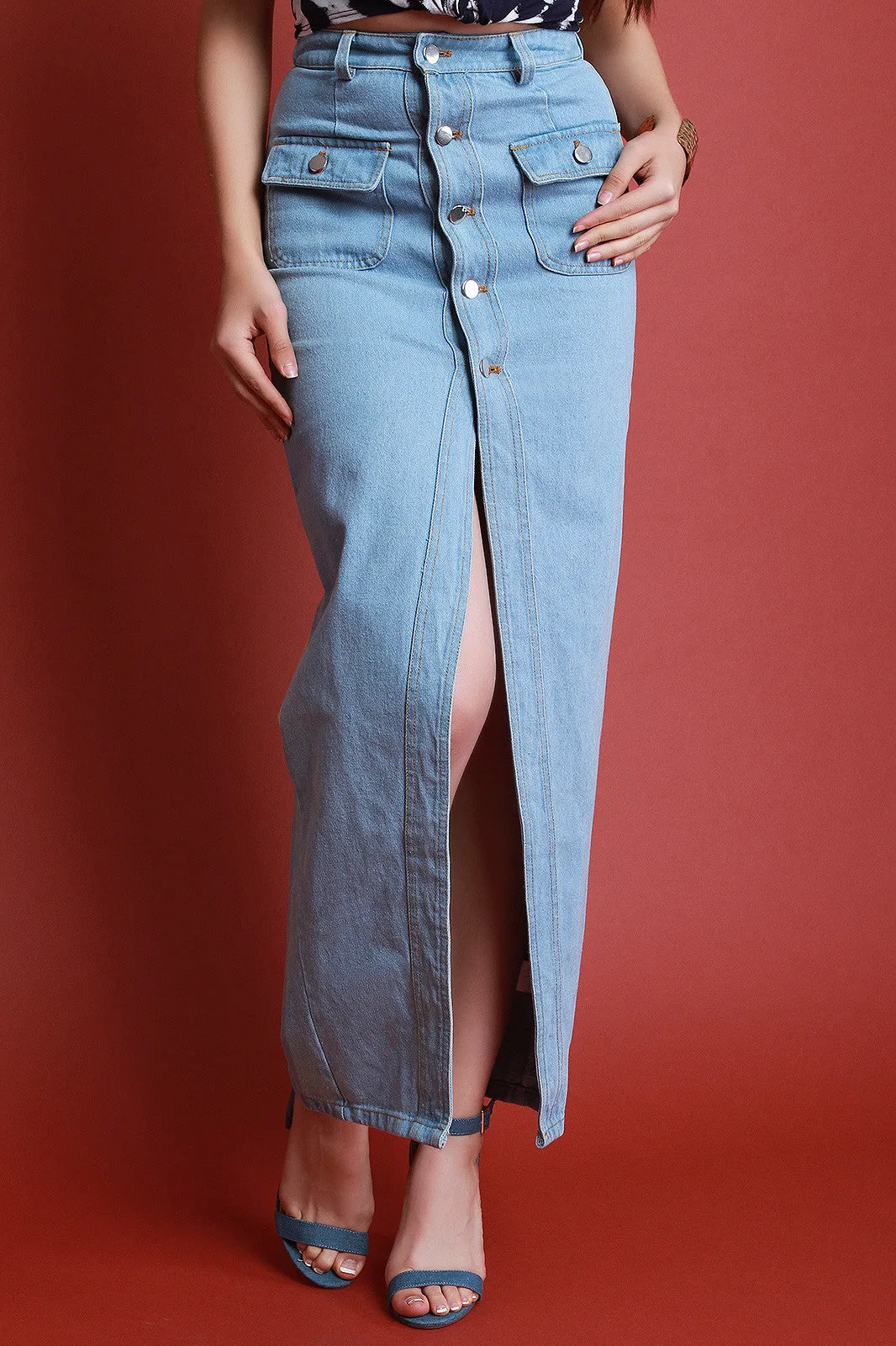 Front Slit Button-Up Denim Maxi Skirt