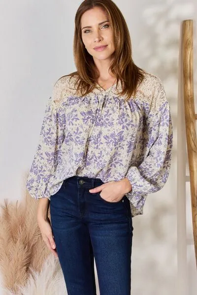 Full Size Lace Detail Printed Blouse