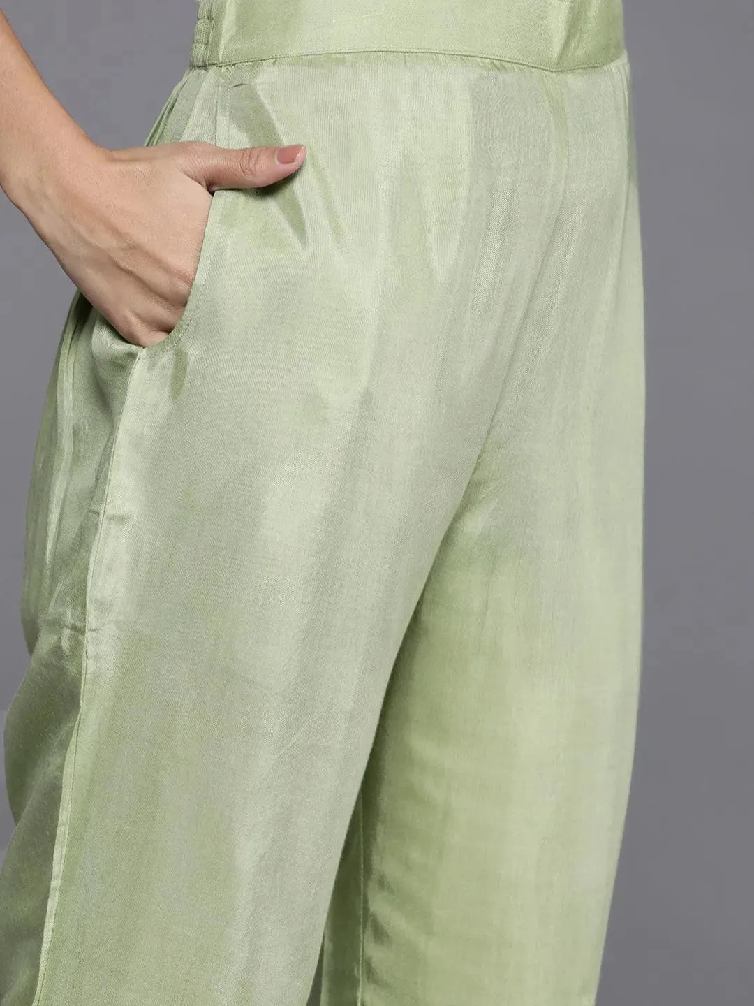 Green Embroidered Georgette Straight Kurta With Trousers & Dupatta