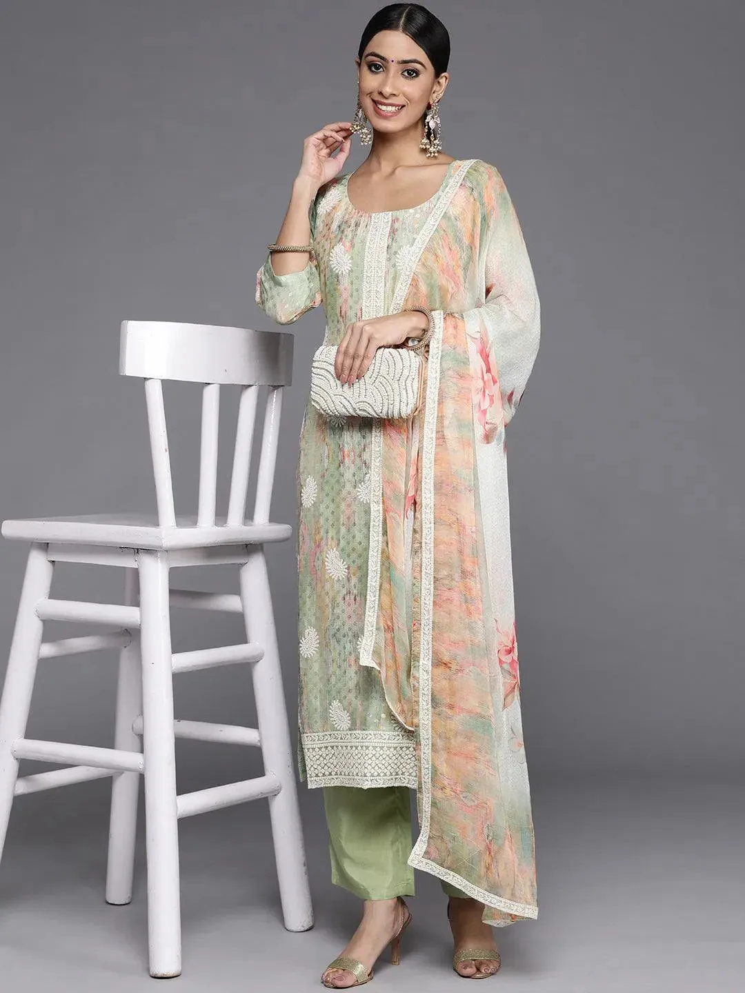 Green Embroidered Georgette Straight Kurta With Trousers & Dupatta