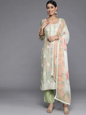 Green Embroidered Georgette Straight Kurta With Trousers & Dupatta