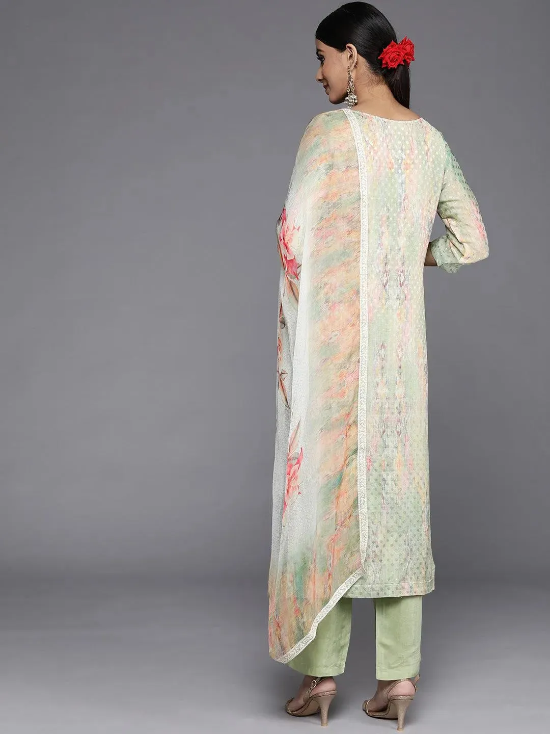 Green Embroidered Georgette Straight Kurta With Trousers & Dupatta