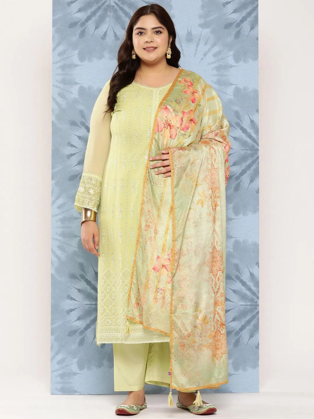 Green Embroidered Georgette Straight Kurta With Trousers and Dupatta