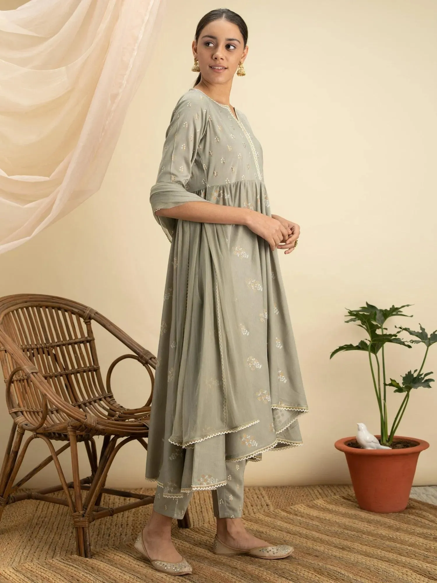 Green Printed Silk A-Line Kurta With Dupatta