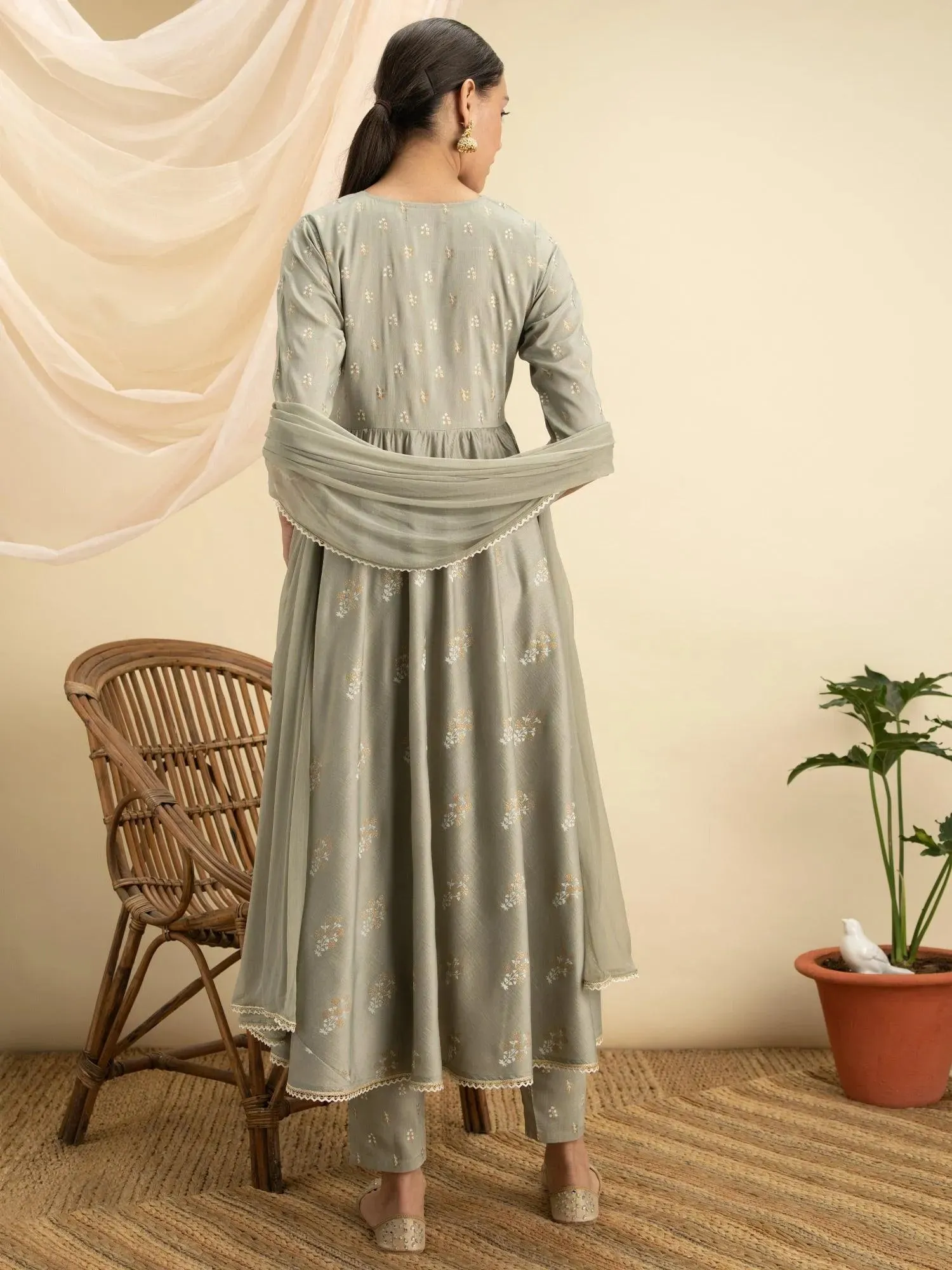 Green Printed Silk A-Line Kurta With Dupatta