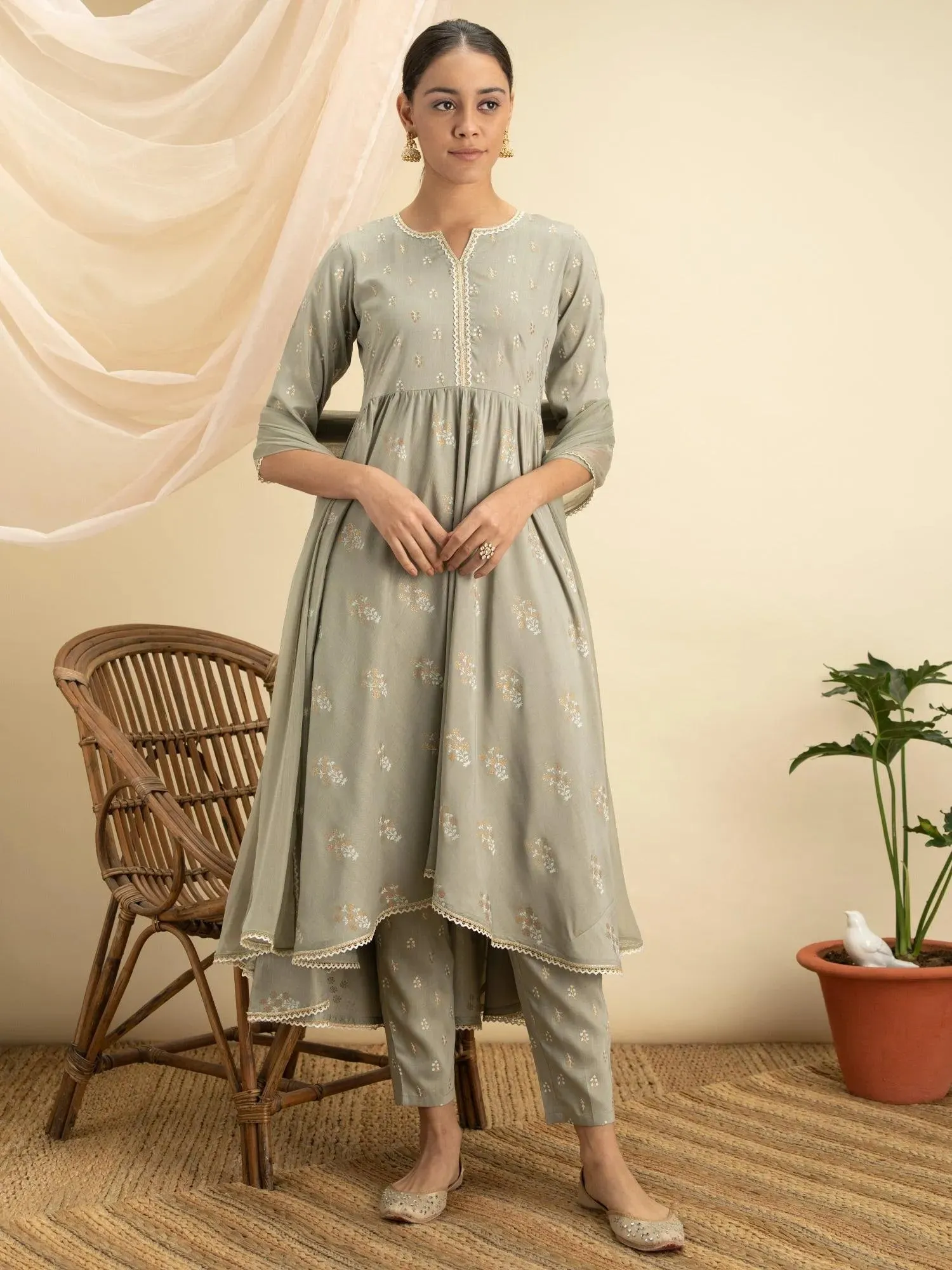 Green Printed Silk A-Line Kurta With Dupatta