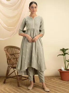 Green Printed Silk A-Line Kurta With Dupatta