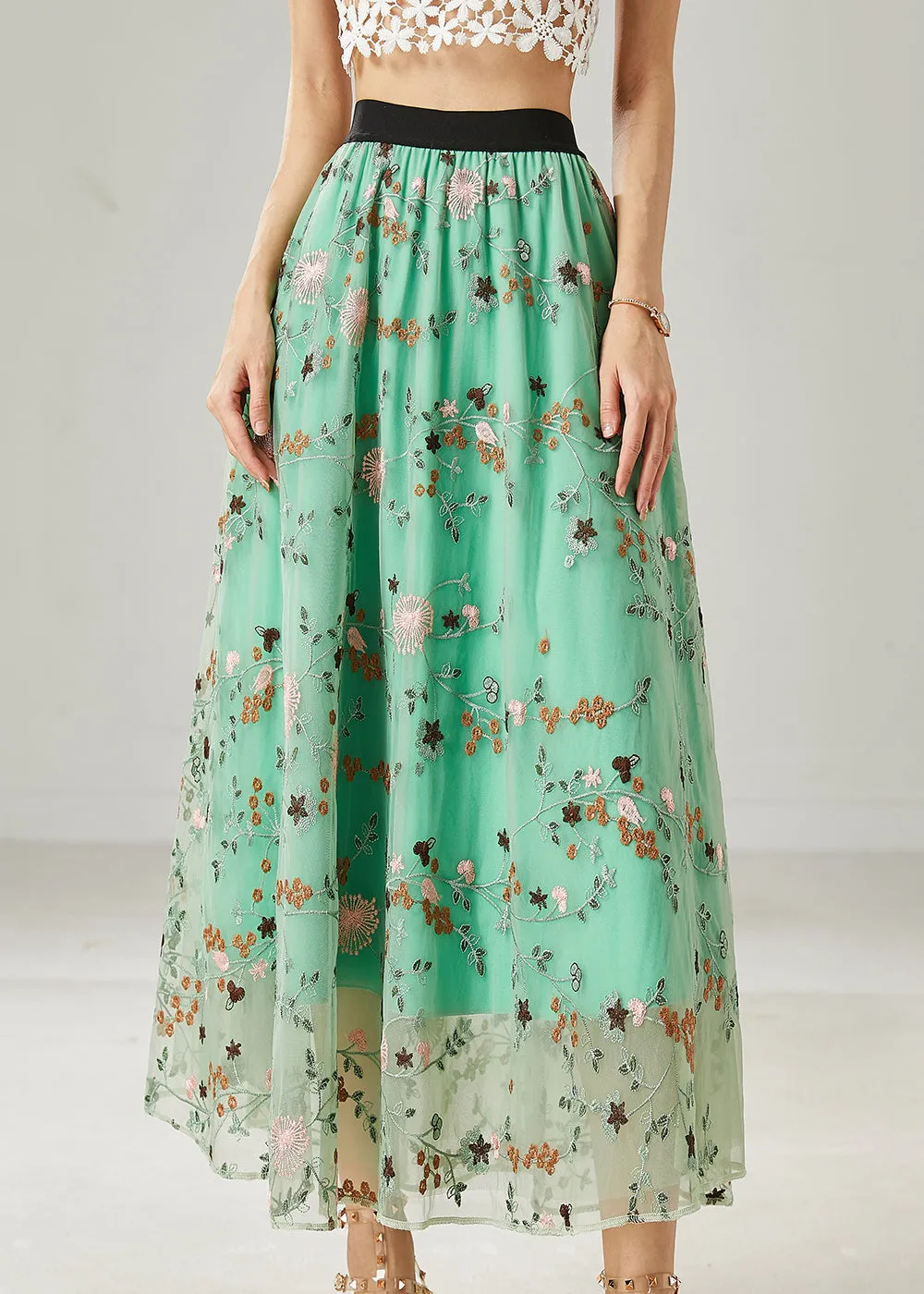 Italian Green Embroidered Tulle Skirts Summer AZ1044