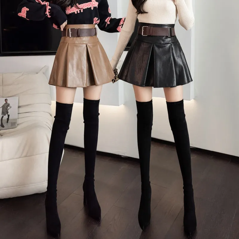 Khaki Black Pleated Skirts Women High Waist PU Leather Skirt Shorts