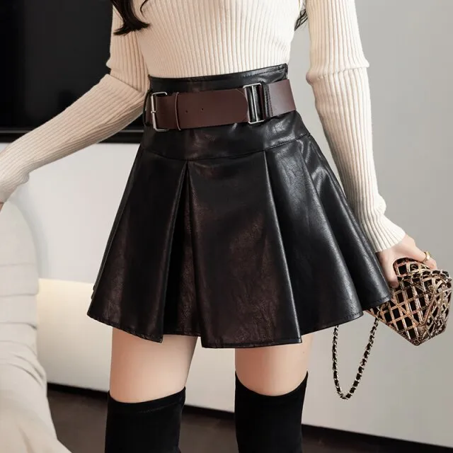 Khaki Black Pleated Skirts Women High Waist PU Leather Skirt Shorts