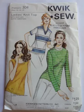 Kwik Sew 304 Ladies Knit Tops Vintage 1970's