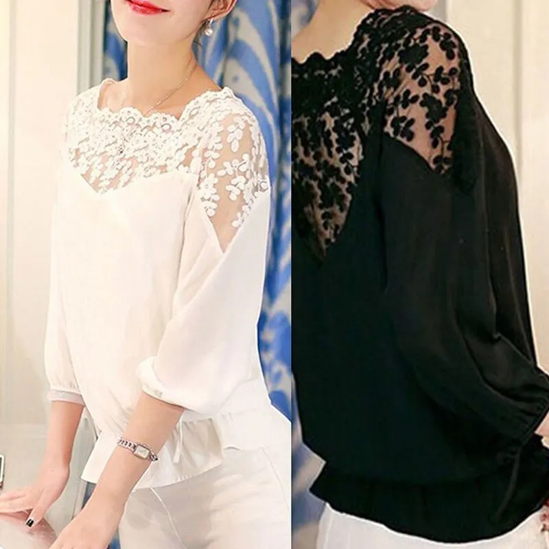 Lace Hollow Collar Chiffon Backless Blouse