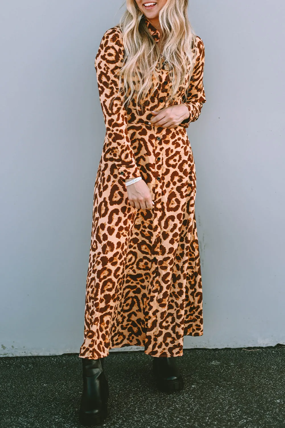 Leopard Button-Up Long Sleeve Maxi Dress