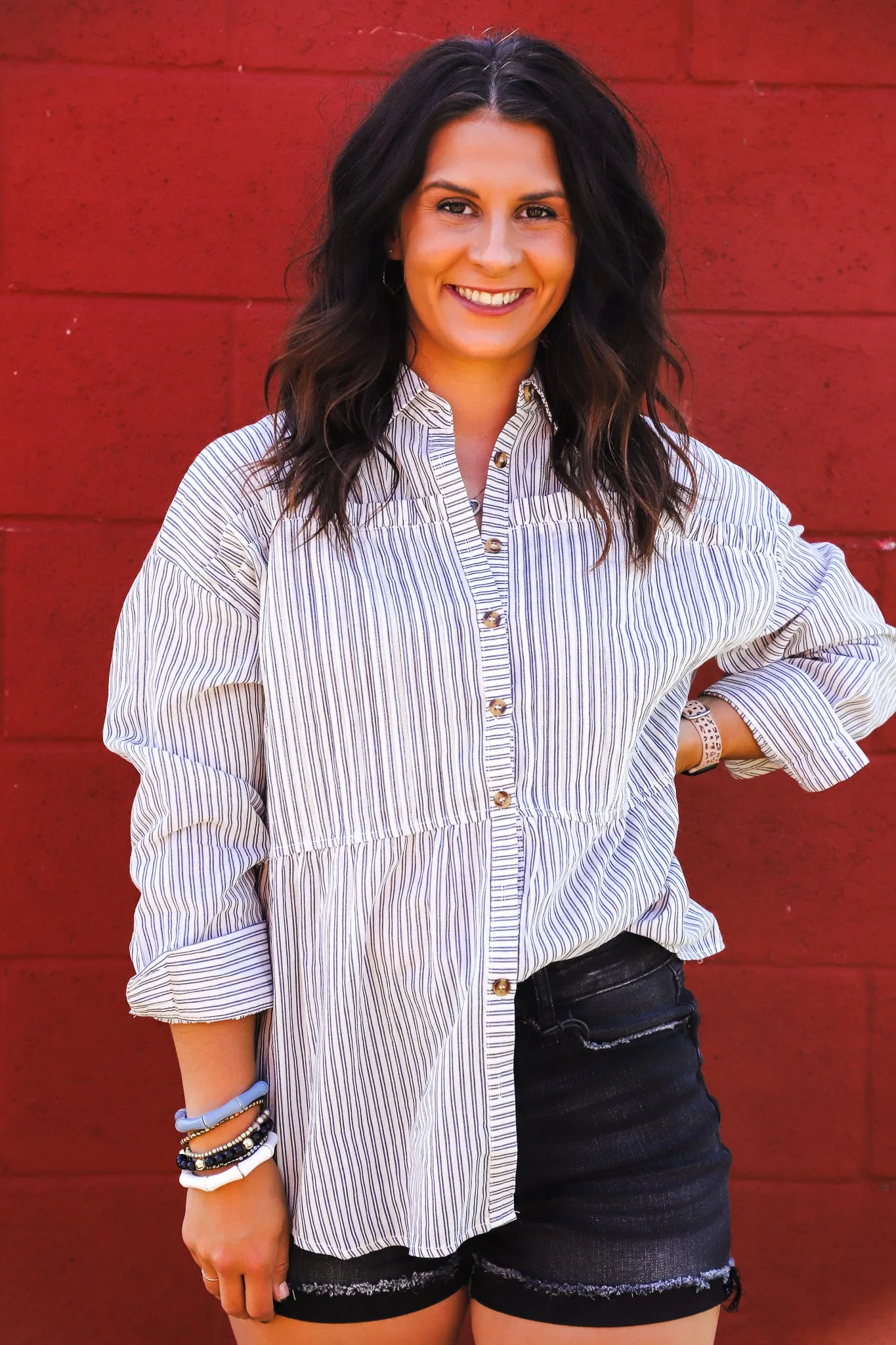 Life Well Lived Pinstripe Button Top