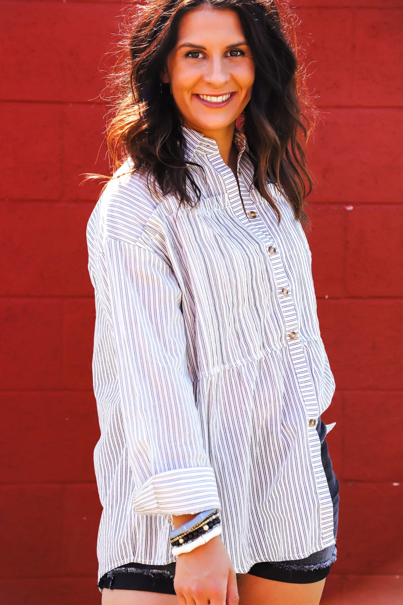 Life Well Lived Pinstripe Button Top