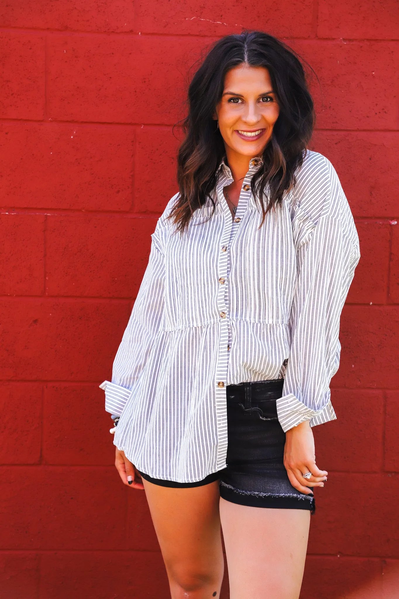 Life Well Lived Pinstripe Button Top