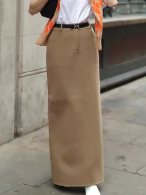 Light Brown Woolen High Waist Maxi Skirt