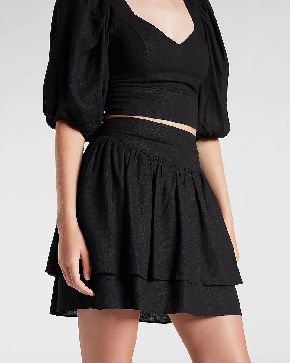 Linen-Blend Tiered Ruffle Mini Skirt in Pitch Black