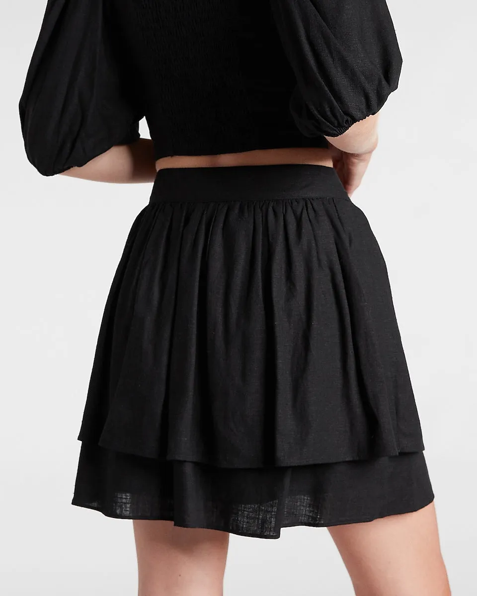 Linen-Blend Tiered Ruffle Mini Skirt in Pitch Black