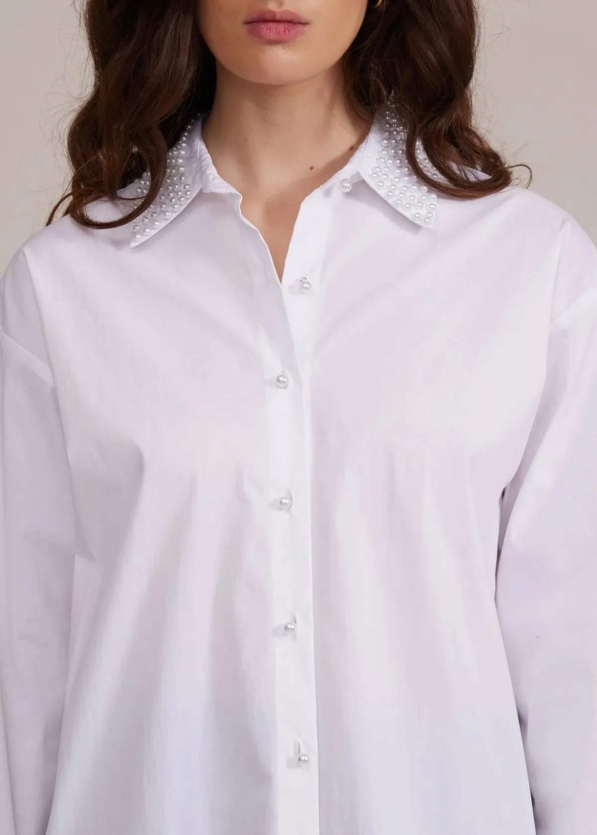 Lucy Paris Torin Pearl Button Down Top | White