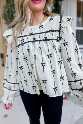 Manny Ribbon Bow Print Long Sleeve Blouse Top [S-3X]