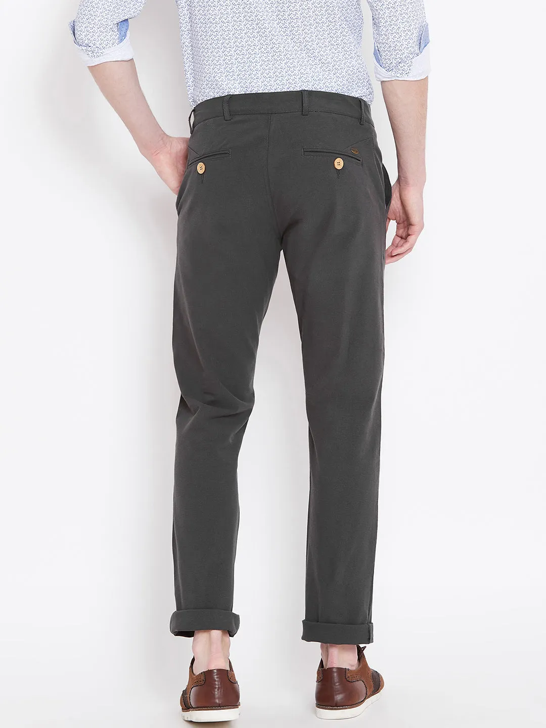 Men Charcoal Solid Casual Regular Fit Trousers