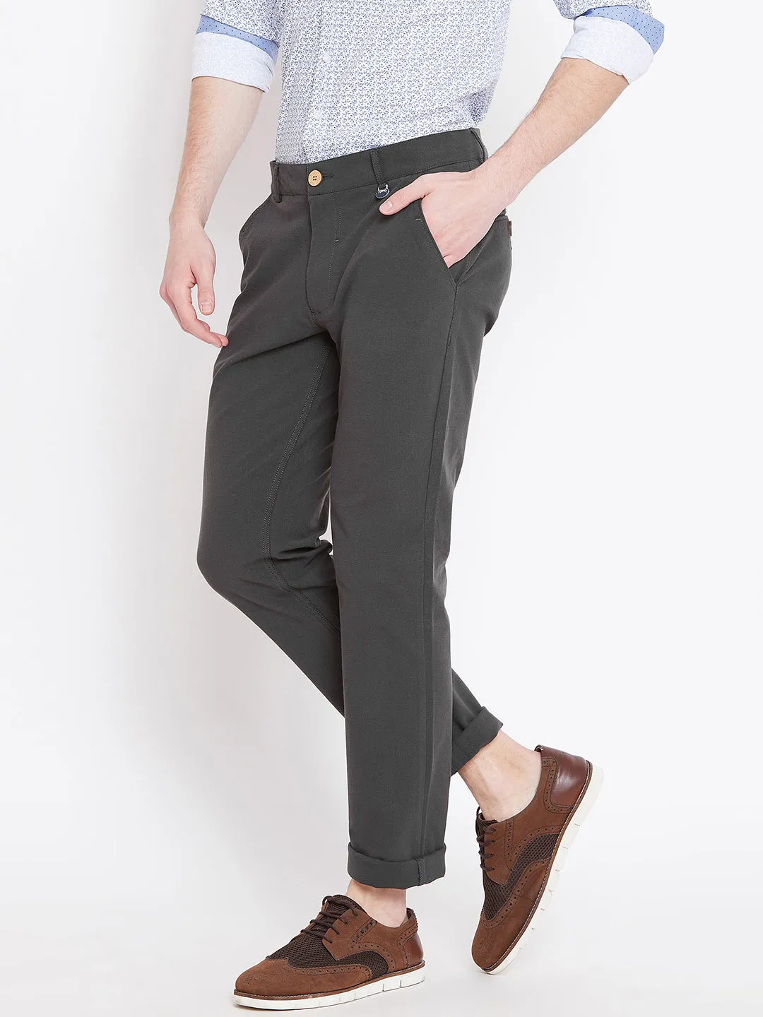 Men Charcoal Solid Casual Regular Fit Trousers