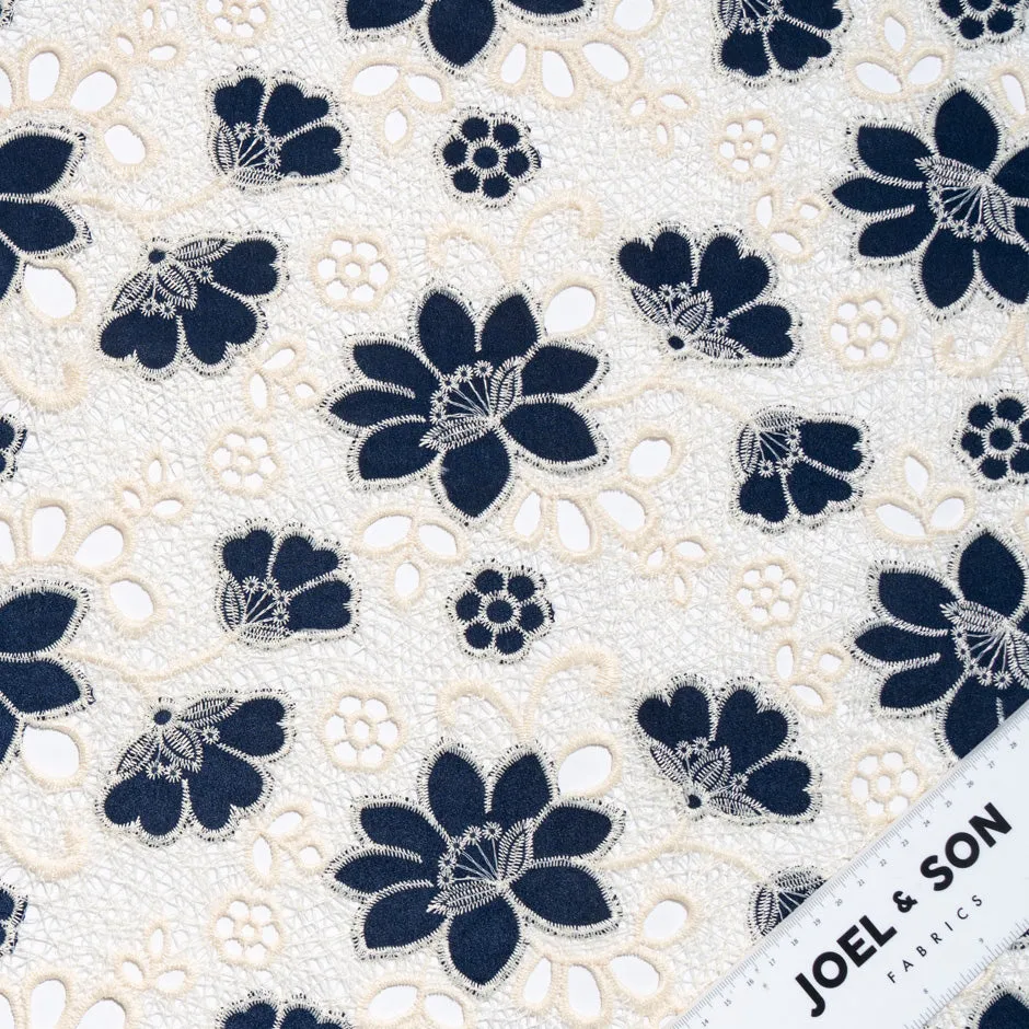 Midnight Blue Floral Embroidered Microfibre