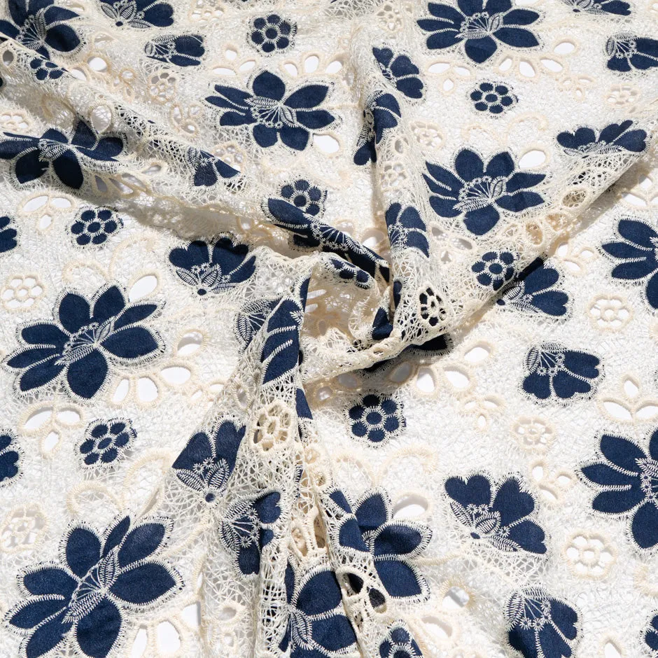 Midnight Blue Floral Embroidered Microfibre