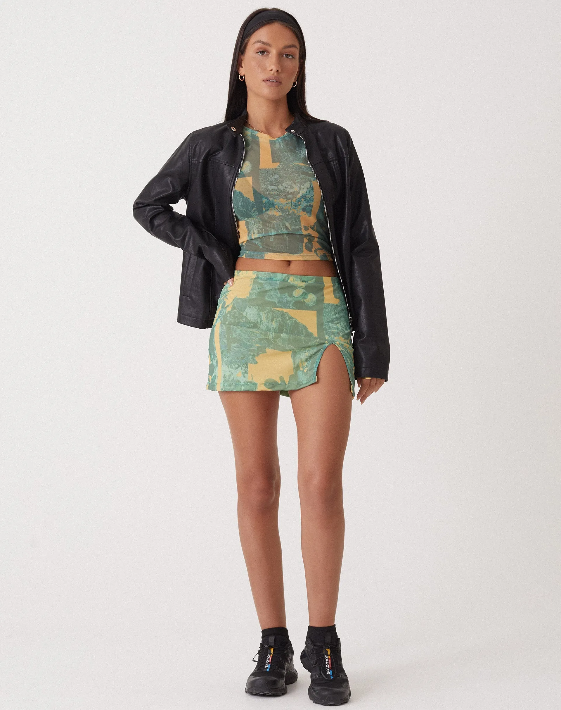 MOTEL X OLIVIA NEILL Pelma Mini Skirt in Collage Floral Shadow Green