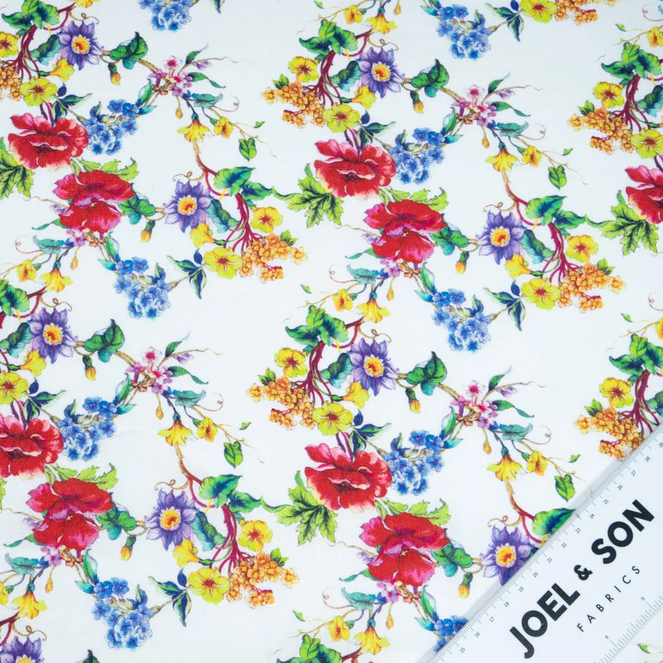 Multi-Coloured Floral Printed White Pure Linen