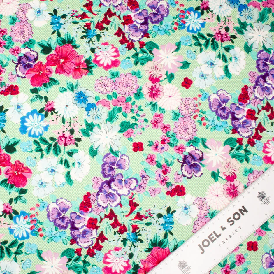 Pink & Blue Floral Printed Green Luxury Cotton