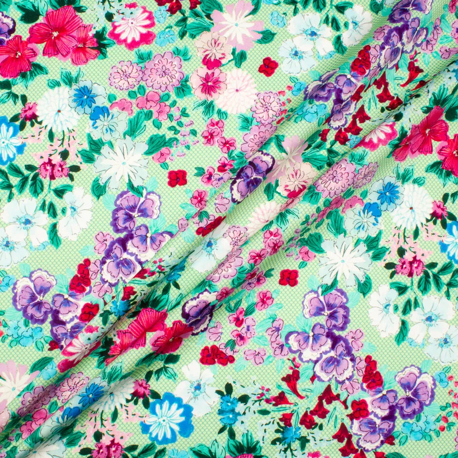 Pink & Blue Floral Printed Green Luxury Cotton