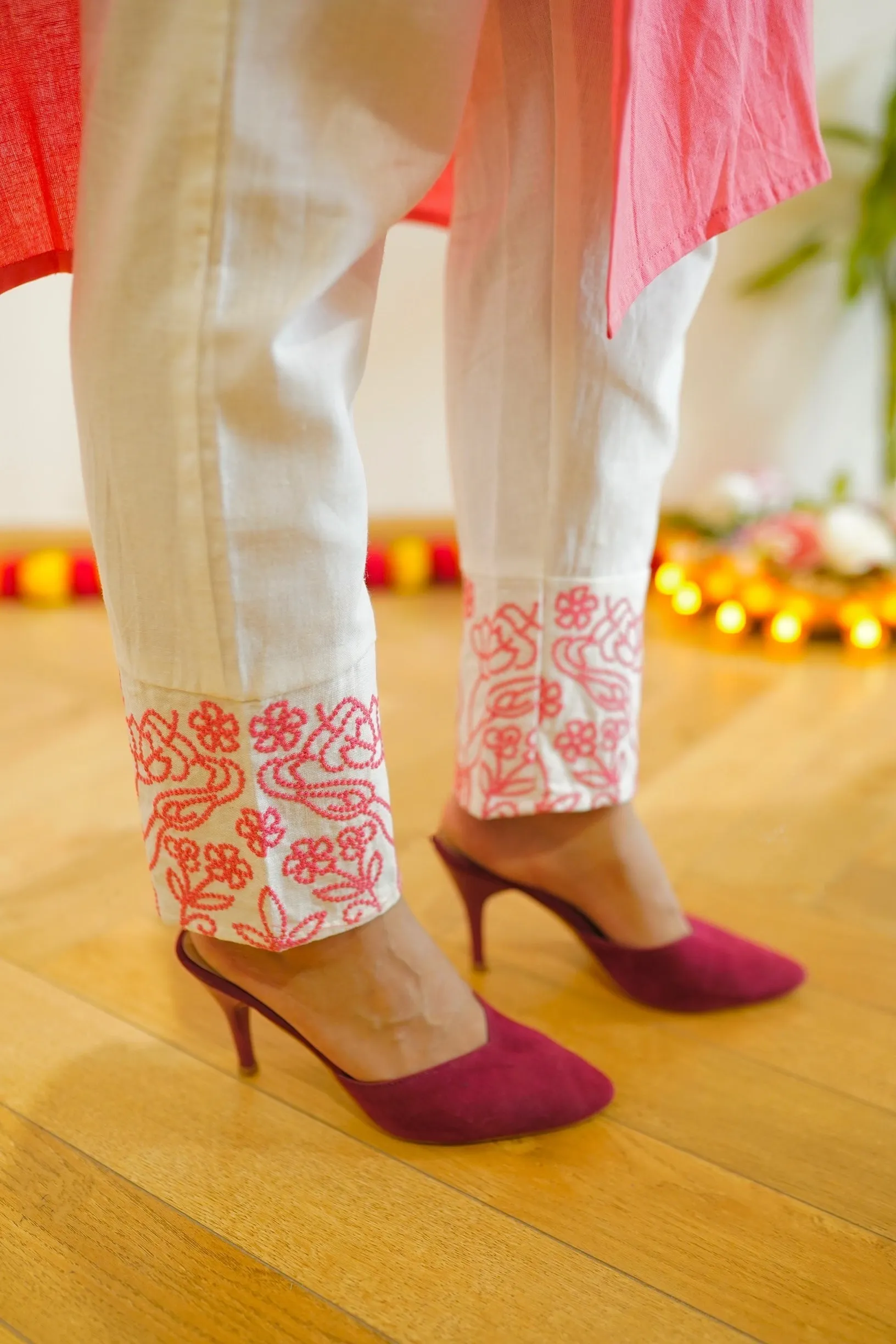 Pink And White Embroidered Kurta Set