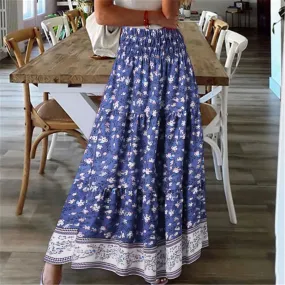 Plus Size High Waist Pleated Bohemian Summer Elastic Boho Long Floral Printing Wrinkle Fashion Skirt