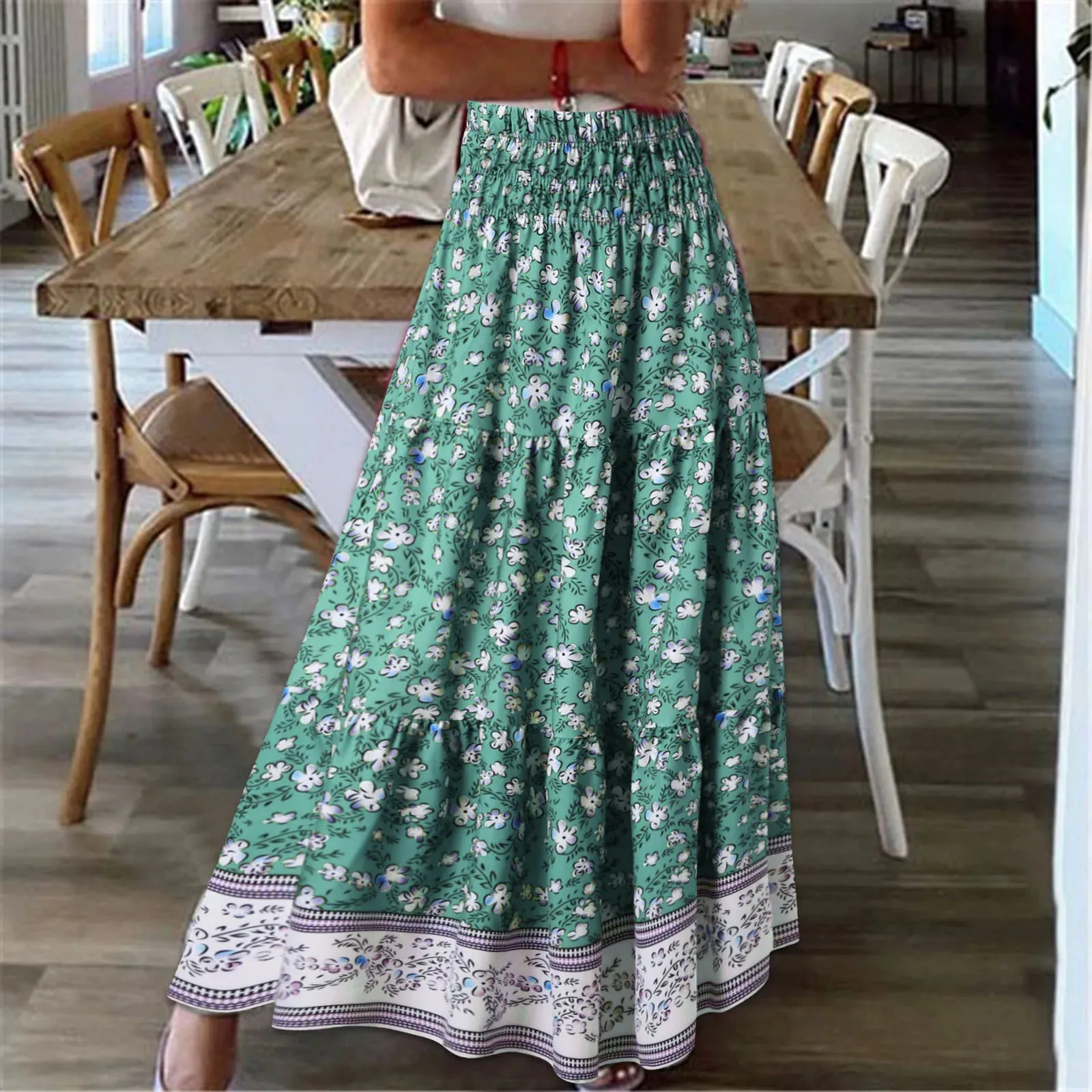 Plus Size High Waist Pleated Bohemian Summer Elastic Boho Long Floral Printing Wrinkle Fashion Skirt