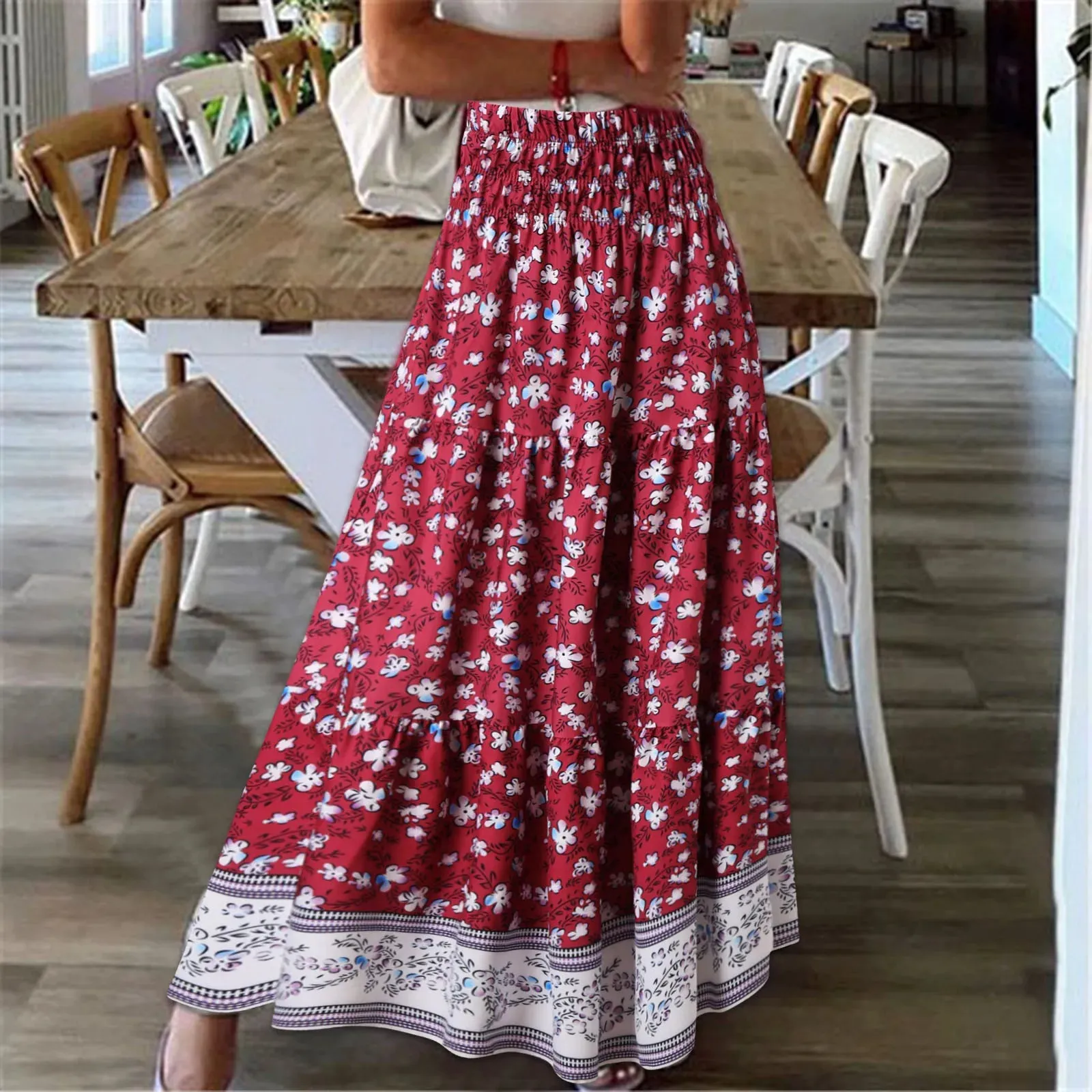 Plus Size High Waist Pleated Bohemian Summer Elastic Boho Long Floral Printing Wrinkle Fashion Skirt